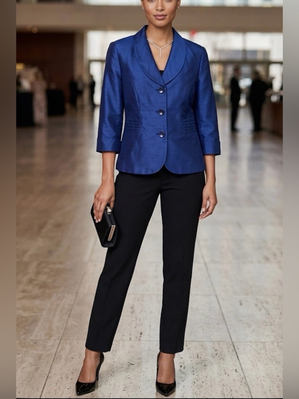 Dana Kay Royal Blue Satin Blazer Jacket 3/4 sleeve sz 18 formal party